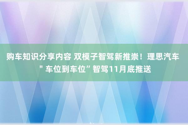 购车知识分享内容 双模子智驾新推崇！理思汽车 ＂车位到车位”智驾11月底推送